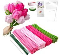 YYUENG TAK 200 pcs Pink Pipe Cleaners for Craft,Pipe Cleaners for Tulip Bouquet (4 Colors) with Instructions and 12 pcs Flower Stems,Flower Wrapping Paper,Ribbon,Tape,Chenille Stems DIY Arts & Crafts