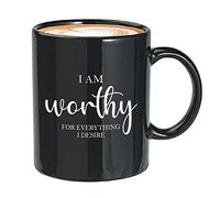 YYUNAW Affirmational Coffee Mug 11oz Black - I Am Worthy Of Everything I Desire - Daily Motivational Quote Encouragement Positive Inspirational