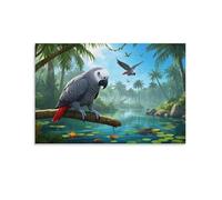 YYVKPMLXC African Grey Parrot Canvas Pictures Tropical Rainforest Giclee Artwork Modern Painting Ready To Hang for Bedroom Office Home Decoration 16x24inch(40x60cm)