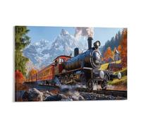 YYVKPMLXC Art Giclee Steam Train Canvas Artwork Mountain Villages Pictures on Canvas Wall Art Print Artwork Modern Stretched Decor by Paintings Ready To Hang for Living Room Decor 20x30inch(50x75cm)