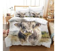 YYVKPMLXC Highland Cow 3D Printed Duvet Cover Sets,Watercolor Pastoral Bedding Set Soft Microfiber Quilt Cover 3pcs, Comforter Cover with Zipper Closure for Girls Boys Children King（220x240cm）