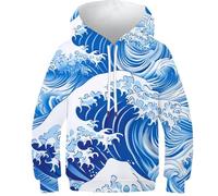 YYVKPMLXC Hoodie for Kids 3D Ocean Waves Pullover Teen Hoody Jumper Long Sleeve Sweatshirt with Pockets Cute Nature 10-12Y