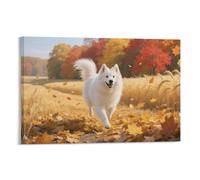 YYVKPMLXC Wall Art Samoyed Dog Canvas Pictures Autumn Wheat Field Giclee Artwork Modern Stretched Decor by Paintings Ready To Hang for Living Room Decoration 16x24inch(40x60cm)