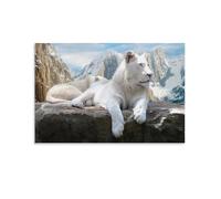 YYVKPMLXC Wall Art White Lion Painting Canvas Prints Pictures Giclee Artwork Snow Mountain Pictures Decor by Paintings Ready To Hang for Living Room Decor 12x18inch(30x45cm)