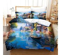 YYVKPMLXC Water Town 3D Duvet Cover,Canal Landscape Bedding Set Soft Microfiber Quilt Covers 3 Piece, Comforter Cover with Zipper Closure for Girls Boys Children Bedroom Decor Single(140x200cm)