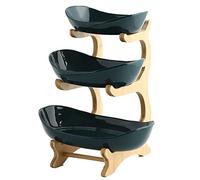 YYW 3 Tier Ceramic Fruit Bowl, Porcelain Fruit Basket Fruit Stand Storage Holder with Bamboo Wood Vegetable Storage for Kitchen Counter Large Capacity Fruit Holder for Bread, Snack (Green)