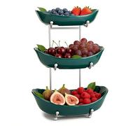 YYW 3 Tier Ceramic Fruit Bowl with Metal Stand Dark Green | 3 Tier Large Capacity Ceramic Bowls, Metal Stand, Kitchen Counter Storage Holder for Fruits, Vegetables, Snacks, Bread, Nuts