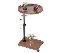 YYW Adjustable C Shaped Side Table, C Table End Table with Wheels for Sofa, 360° Swivel Sofa Table for Livingroom,Bedroom,Study and Small Spaces,Bedside Table (Round,Walnut Wood)