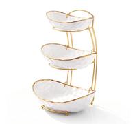 YYW Ceramic Fruit Bowl for Kitchen Counter - 3 Tier Ceramic Fruit Rack with Gold Metal Fruit Stand, Fruit Basket for Snacks, Nuts, Cakes, Desserts, Bread, Candy Storage (Gold -Rimmed)