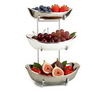 YYW Fruit Bowl, 3 Tier Ceramic Bowls with Metal Stand, Silver