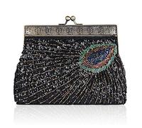 YYW Vintage Clutch Sequin Teal Peacock Unusual Antique Beaded Sequin Evening Handbag Women's Fashion Designer Elegant Purse (Black)