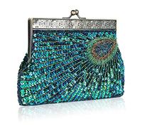 YYW Womens Vintage Clutch Bag Sequin Teal Peacock Beaded Evening Handbag