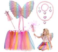 YYwwLX 7 Pcs Fairy Costume Set for Girls, Butterfly Wings Costume Set with Tutu Skirt Magic Wand Bow Necklace Bracelet Earrings Ring, Princess Fairy Butterfly Dress Up Kids Party Dress Up Halloween
