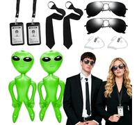 YYwwLX Agent Costume Accessories, 10PCS Secret Service Costume Set with ID Holders Sunglasses Tie Earpieces Inflatable Green Aliens Spy Dress Up Kit for Adults Child Halloween Cosplay