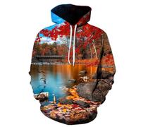 YYZOVBNN 3D-printed hooded sweatshirt featuring autumn leaves and maple leaves on a lake surface; unisex casual loose-fitting sweatshirt.