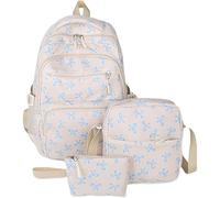 YZBBSH Bow Backpack 3-Piece Set for Girls,Preppy Daypack & Shoulder Bag Handbags,Kawaii Nylon Rucksack, Lightweight School Bags for Teen Girls, Primary to College (Blue)