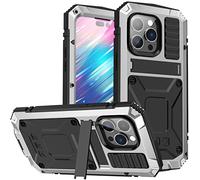 YZBYFON Metal Case for iPhone 14 Pro Max with Stand,Military Bumper Silicone Rugged Case Shockproof Dustproof Heavy Duty Protection Case with Built-in Screen Protector for iPhone 14 Pro Max (Silver)