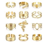 YZCIS 18K Gold Plated Rings for Women, Stainless Steel Statement Rings Pack Stacking Boho Midi Rings Adjustable Open Ring Band Twisted Signet Rings Non Tarnish Gold Rings