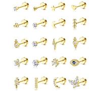 YZCIS 20PCS Small Hypoallergenic Flat Back Stud Earrings for Women Men Surgical Steel Silver Gold Plated Cartilage Stud Earrings Tiny Heart Star Stud Earrings Set for Multiple Piercing 20G