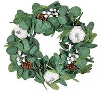 YZCIS Artificial Wreath Christmas Wreath Eucalyptus Pine Cone Withered Cane Ring Decoration Christmas Halloween Wreath Harvest Pumpkin (Color: Green)