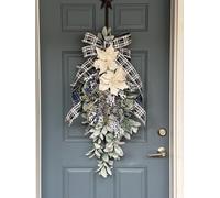 YZCIS Fall Wreaths, Mistletoe Christmas Navy Blue and White ; Teardrop Door Hanger Wreath Christmas Large Wreath Lambs Ear