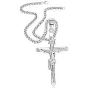 YZCIS Sterling Silver Crucifix Necklace for Men Women - Men's Silver Crucifix Pendant Necklace with Stainless Steel Rope Chain Catholic Baptism Jesus Cross Necklace Jewelry Baptism Gifts