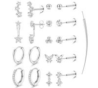 YZCIS Threadless Flat Back Earrings Hypoallergenic - 9 Pairs 316L Surgical Steel Push in CZ Studs & Hoops Set for Women Men 14K Gold Plated Cartilage Tragus Helix Nose Piercing Jewelry 16G 18G