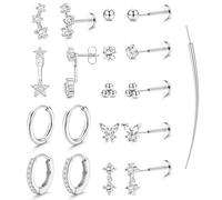 YZCIS Threadless Flat Back Earrings Hypoallergenic - 9 Pairs 316L Surgical Steel Push in CZ Studs & Hoops Set for Women Men 14K Gold Plated Cartilage Tragus Helix Nose Piercing Jewelry 16G 18G