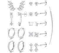 YZCIS Threadless Flat Back Earrings Hypoallergenic - 9 Pairs 316L Surgical Steel Push in CZ Studs & Hoops Set for Women Men 14K Gold Plated Cartilage Tragus Helix Nose Piercing Jewelry 16G 18G