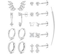 YZCIS Threadless Flat Back Earrings Hypoallergenic - 9 Pairs 316L Surgical Steel Push in CZ Studs & Hoops Set for Women Men 14K Gold Plated Cartilage Tragus Helix Nose Piercing Jewelry 16G 18G