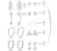 YZCIS Threadless Flat Back Earrings Hypoallergenic - 9 Pairs 316L Surgical Steel Push in CZ Studs & Hoops Set for Women Men 14K Gold Plated Cartilage Tragus Helix Nose Piercing Jewelry 16G 18G