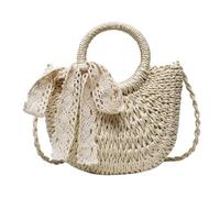 YZDKR Handmade Half-Round Rattan Woven Straw Bag Summer Women Messenger Crossbody Bags Girls Small Beach Handbag for Women(Beige Ribbon)