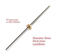 YZDKR OD 8mm T8 Lead Screw Pitch 2mm Lead 8mm With Brass Nut For 3D Printer for 3D printer lead screws(200mm)