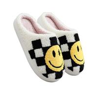 YZDUOJIN Women's Cotton Slippers - Black, Size 44/45 EU (10.5 US) - Winter Plaid Smiley Face - Flat, Open-Back, Pull-On - Women's Clothing - Women, Cold Weather
