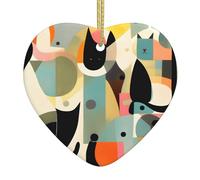 YzgWjBhd Ceramic Christmas Tree Hanging Ornament, Mid-Century Modern Art Cat Printed Heart Shape Xmas Holiday Party Decor
