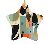 YzgWjBhd Ceramic Christmas Tree Hanging Ornament, Mid-Century Modern Art Cat Printed Pentagram Xmas Holiday Party Decor