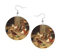 YzgWjBhd Farm Chickens Earrings for Women Girls, Stylish Round Leather Dangle with Silver Hook, Ideal Drop Earrings Gift for Woman