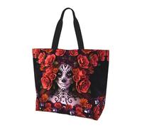 YzgWjBhd Halloween Witch Tote Bag for Women, Large Grocery Shopping Bag, Funny Lightweight Everyday Carry Shoulder Tote, Day of the Dead Sugar Roses Skull, One Size