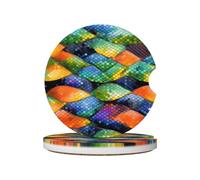 YzgWjBhd Rainbow Fish Scale Absorbent Car Coasters 2 Pack for Drinks with A Finger Notch, Funny 2.56" Ceramic Stone Car Cup Holder for Women/Men