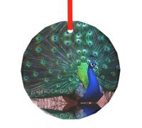 YzgWjBhd Round Glass Christmas Tree Decoration with Red Ribbon, 7.8cm Dia | Beautiful Peacock Hanging Ornament for Festive Trees, Seasonal Home Displays, Family Occasions, and Keepsake Presents