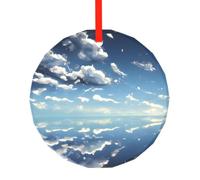YzgWjBhd Round Glass Christmas Tree Decoration with Red Ribbon, 7.8cm Dia | Blue Sky and White Clouds Hanging Ornament for Festive Trees, Seasonal Home Displays, Family Occasions, and Keepsake Presents