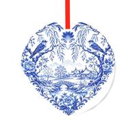 YzgWjBhd Round Glass Christmas Tree Decoration with Red Ribbon, 7.8cm Dia | Blue Willow Heart Hanging Ornament for Festive Trees, Seasonal Home Displays, Family Occasions, and Keepsake Presents