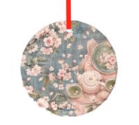YzgWjBhd Round Glass Christmas Tree Decoration with Red Ribbon, 7.8cm Dia | Cherry Blossom Hanging Ornament for Festive Trees, Seasonal Home Displays, Family Occasions, and Keepsake Presents