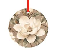 YzgWjBhd Round Glass Christmas Tree Decoration with Red Ribbon, 7.8cm Dia | Ivory Magnolia Grain Hanging Ornament for Festive Trees, Seasonal Home Displays, Family Occasions, and Keepsake Presents