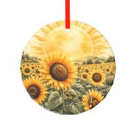 YzgWjBhd Round Glass Christmas Tree Decoration with Red Ribbon, 7.8cm Dia | Sunflower Field Rise Hanging Ornament for Festive Trees, Seasonal Home Displays, Family Occasions, and Keepsake Presents