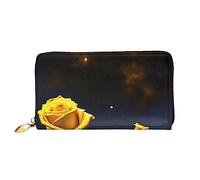 YzgWjBhd Yellow Roses Starry Night Print Leather Wallet for Men, Slim Bifold with Full-Print Design, Secure Zipper Closure, RFID Blocking, Black, One Size