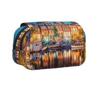 YZHYWJFF Amsterdam Night View Print Double Clamshell Pen Case with 2 Zipper Pockets, Perfect for School, Sketching, and Travel