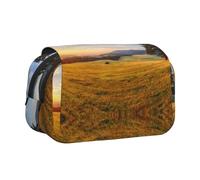 YZHYWJFF Autumn Golden Grass Landscape Print Double Clamshell Pen Case with 2 Zipper Pockets, Perfect for School, Sketching, and Travel