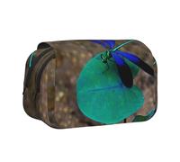 YZHYWJFF Black and Blue Dragonfly Print Double Clamshell Pen Case with 2 Zipper Pockets, Perfect for School, Sketching, and Travel