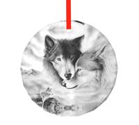 YZHYWJFF Black And White Wolf Printed Circular Glass Pendant, Christmas Tree Decoration